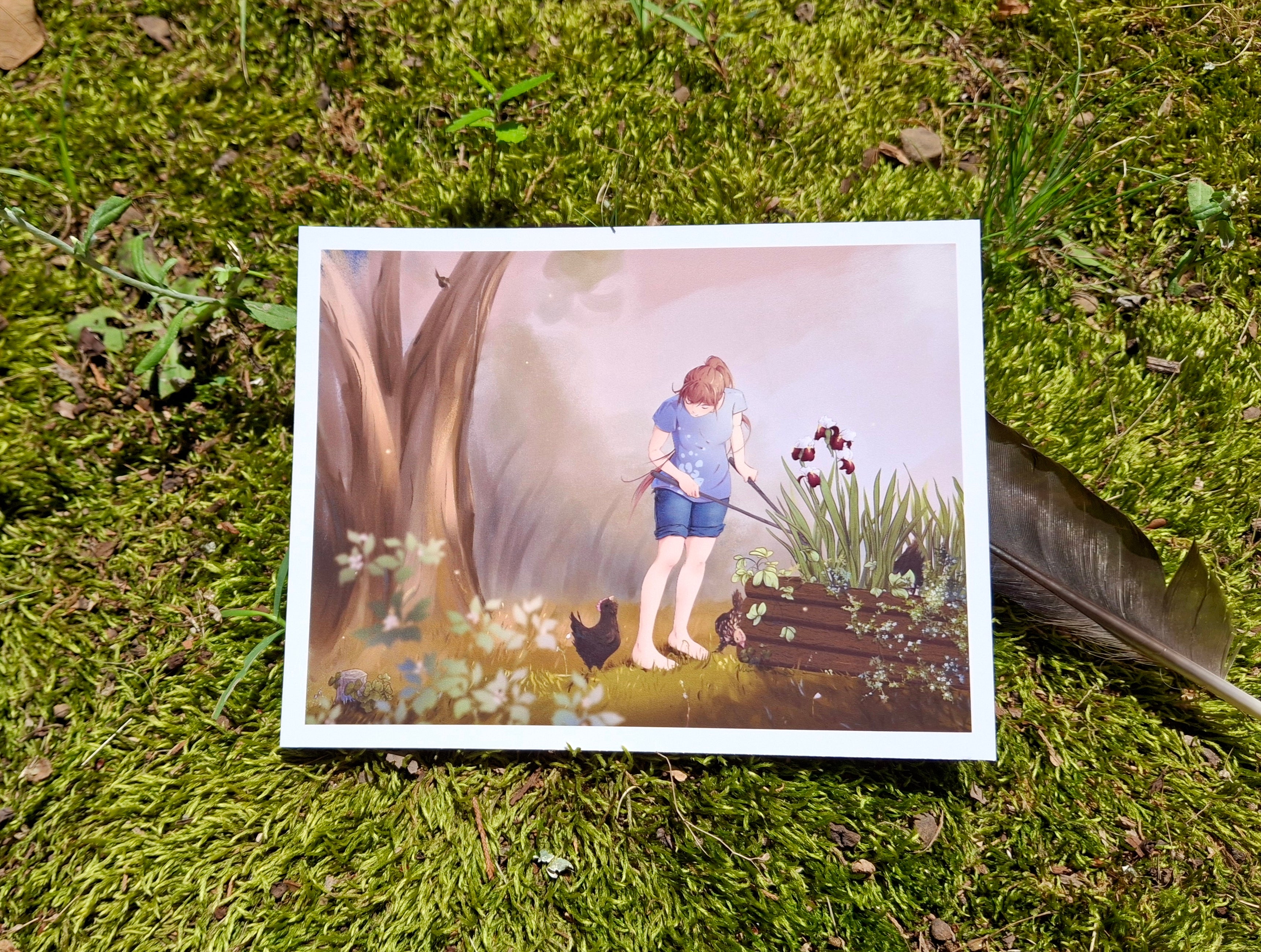 Iris Gardening with Chickens (Purple) Print